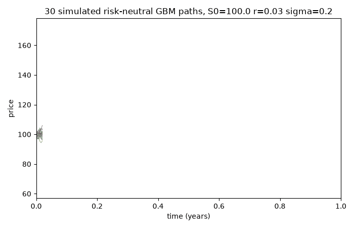 Animation of thirty simulated risk-neutral GBM price paths starting at 100 and fanning out between about 60 and 170 over one year.